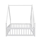 Letto a pavimento a forma di casa con recinzione e sponde – Letto per bambini in legno massello, Bianco