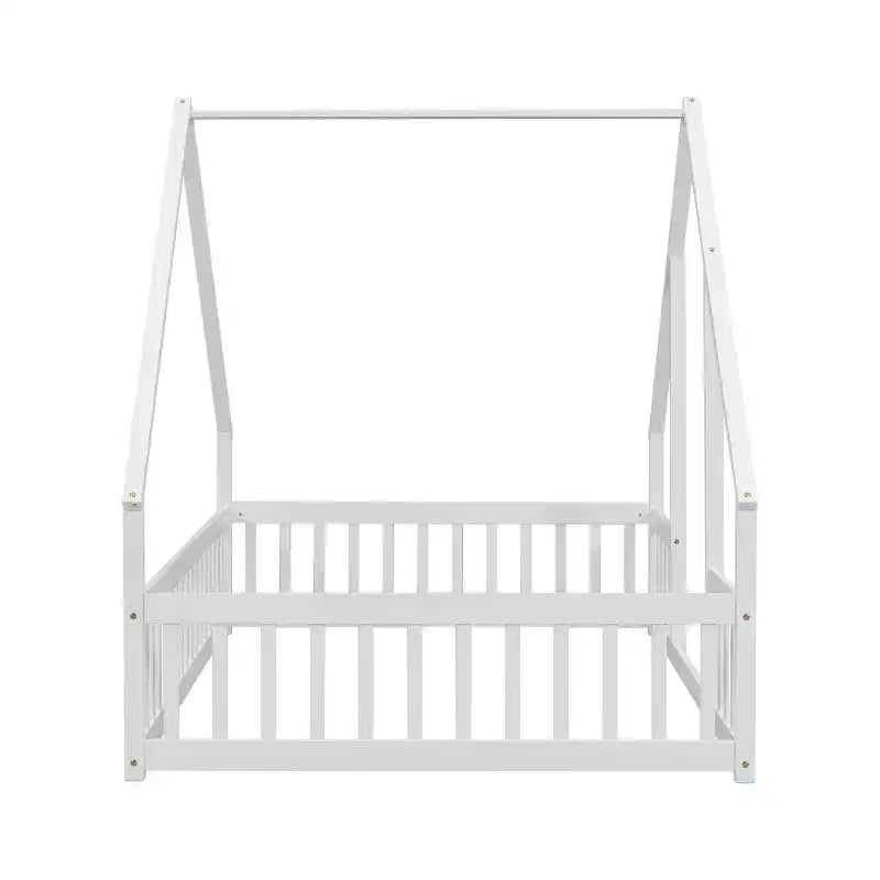 Letto a pavimento a forma di casa con recinzione e sponde – Letto per bambini in legno massello, Bianco