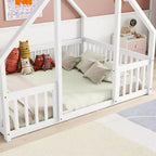 Letto a pavimento a forma di casa con recinzione e sponde – Letto per bambini in legno massello, Bianco