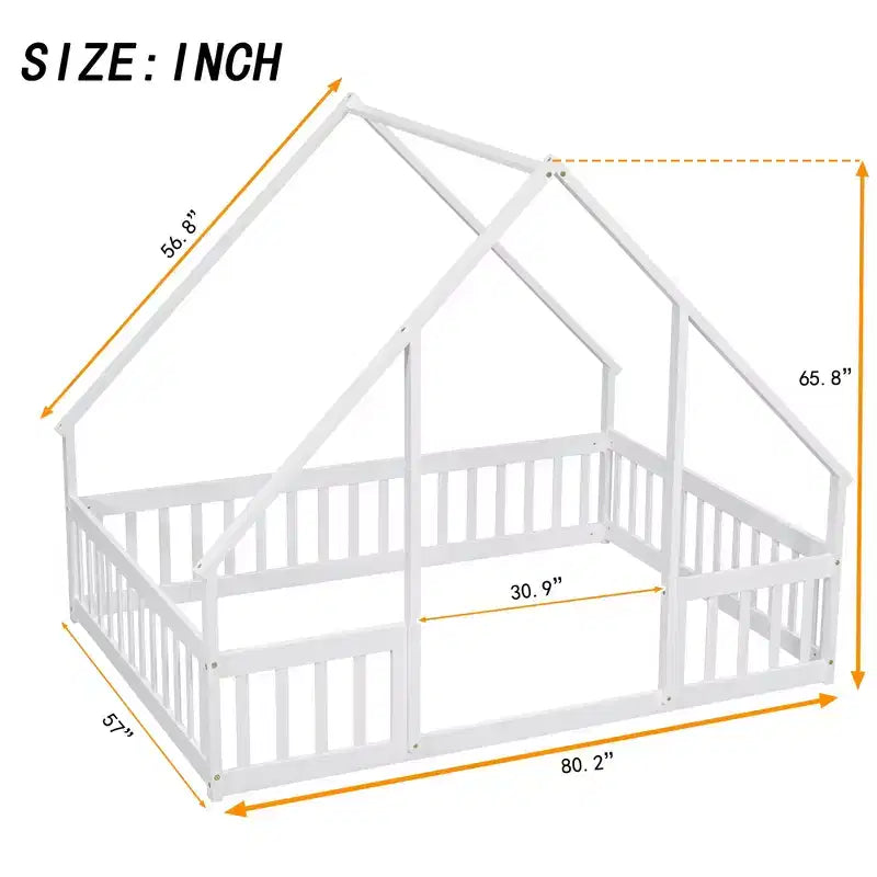 Letto a pavimento a forma di casa con recinzione e sponde – Letto per bambini in legno massello, Bianco