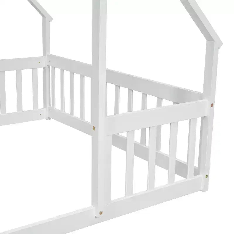 Letto a pavimento a forma di casa con recinzione e sponde – Letto per bambini in legno massello, Bianco
