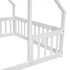 Letto a pavimento a forma di casa con recinzione e sponde – Letto per bambini in legno massello, Bianco