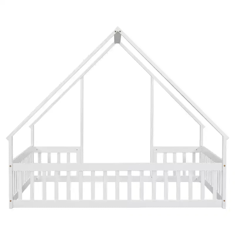 Letto a pavimento a forma di casa con recinzione e sponde – Letto per bambini in legno massello, Bianco