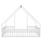 Letto a pavimento a forma di casa con recinzione e sponde – Letto per bambini in legno massello, Bianco