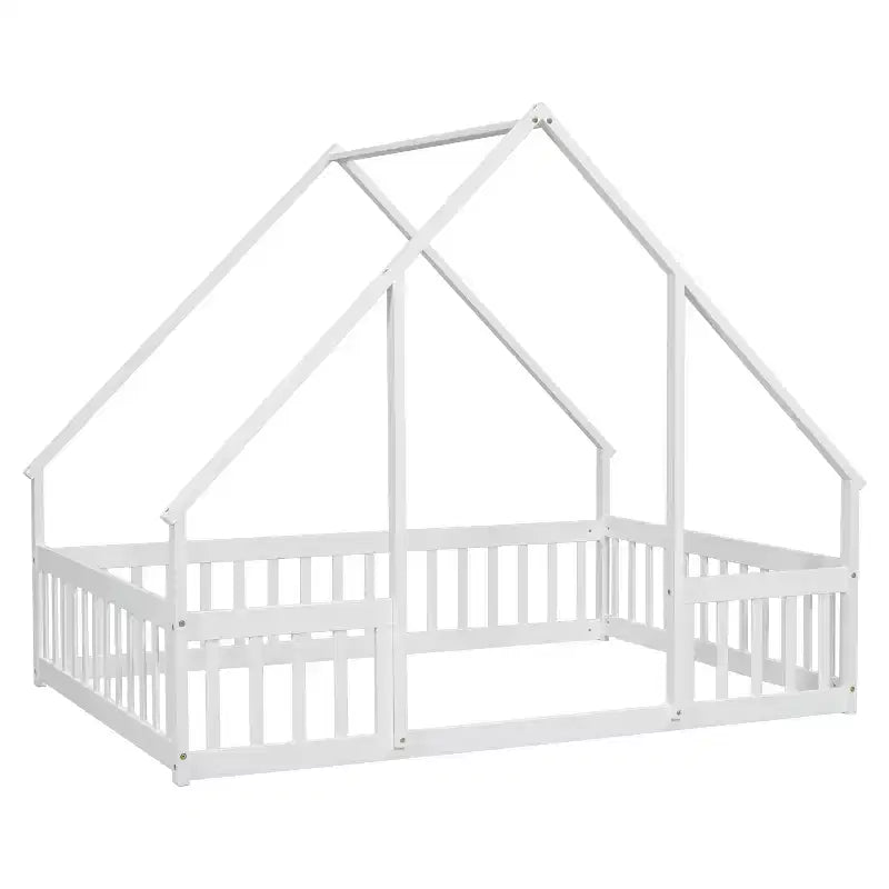 Letto a pavimento a forma di casa con recinzione e sponde – Letto per bambini in legno massello, Bianco