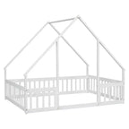 Letto a pavimento a forma di casa con recinzione e sponde – Letto per bambini in legno massello, Bianco