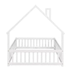 Letto a pavimento a forma di casetta con recinzione e sponde – Letto per bambini in legno massello di pino, bianco