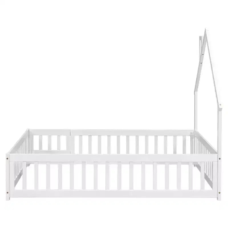 Letto a pavimento a forma di casetta con recinzione e sponde – Letto per bambini in legno massello di pino, bianco