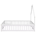 Letto a pavimento a forma di casetta con recinzione e sponde – Letto per bambini in legno massello di pino, bianco