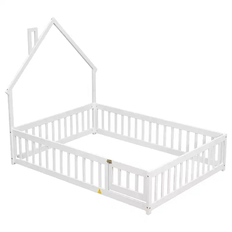 Letto a pavimento a forma di casetta con recinzione e sponde – Letto per bambini in legno massello di pino, bianco