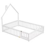 Letto a pavimento a forma di casetta con recinzione e sponde – Letto per bambini in legno massello di pino, bianco