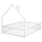 Letto a pavimento a forma di casetta con recinzione e sponde – Letto per bambini in legno massello di pino, bianco