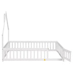 Letto a pavimento a forma di casetta con recinzione e sponde – Letto per bambini in legno massello di pino, bianco
