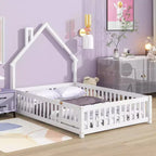 Letto a pavimento a forma di casetta con recinzione e sponde – Letto per bambini in legno massello di pino, bianco