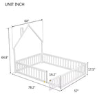 Letto a pavimento a forma di casetta con recinzione e sponde – Letto per bambini in legno massello di pino, bianco