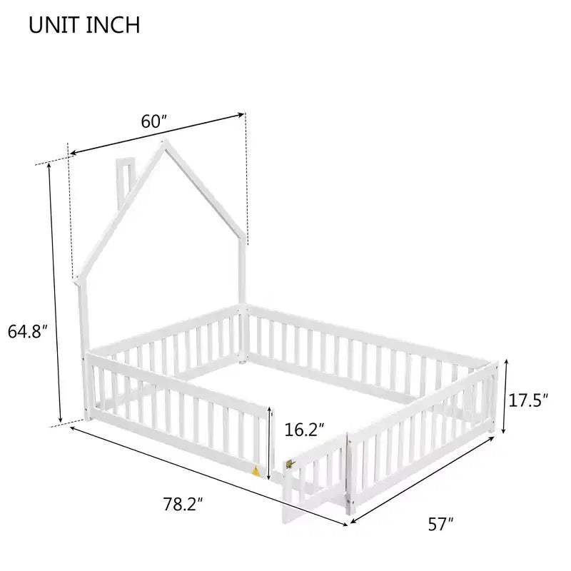 Letto a pavimento a forma di casetta con recinzione e sponde – Letto per bambini in legno massello di pino, bianco