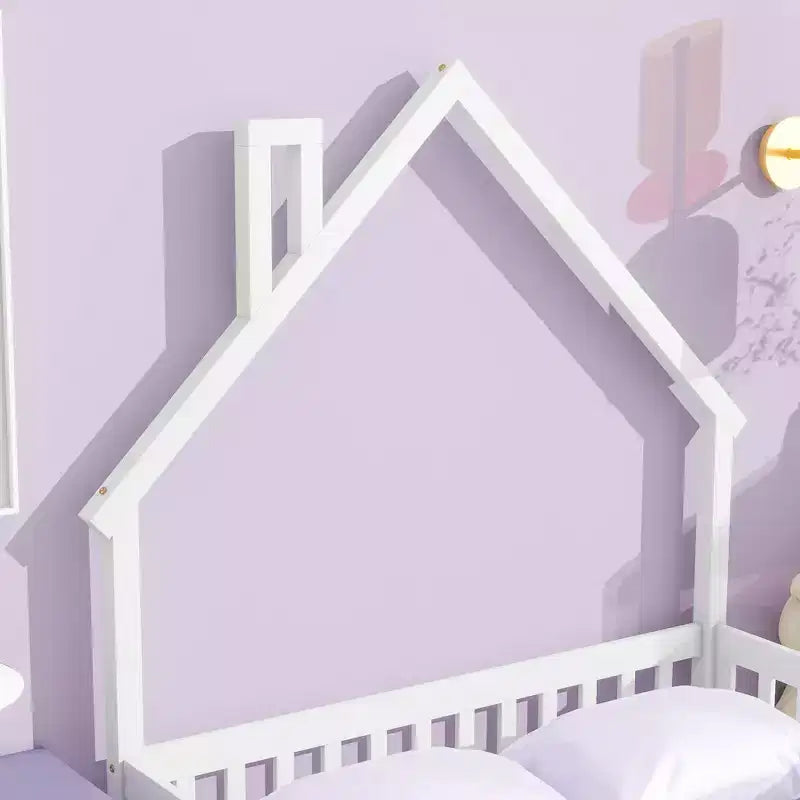 Letto a pavimento a forma di casetta con recinzione e sponde – Letto per bambini in legno massello di pino, bianco