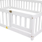 Letto a pavimento a forma di casetta con recinzione e sponde – Letto per bambini in legno massello di pino, bianco