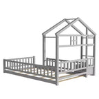 Letto a pavimento con sponde a forma di casetta bifamiliare – Letto per bambini in legno massello, grigio