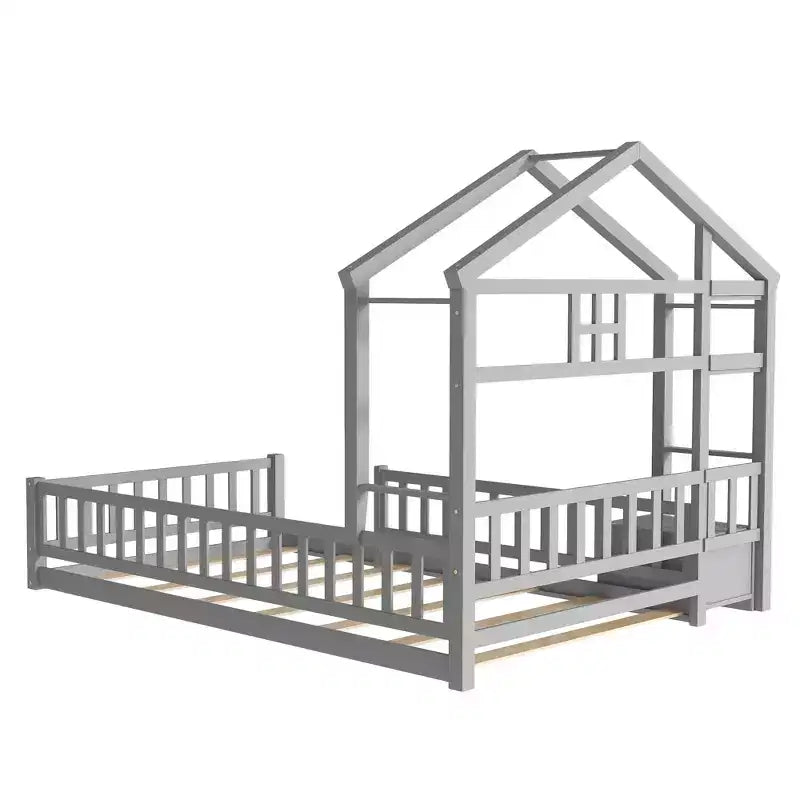 Letto a pavimento con sponde a forma di casetta bifamiliare – Letto per bambini in legno massello, grigio
