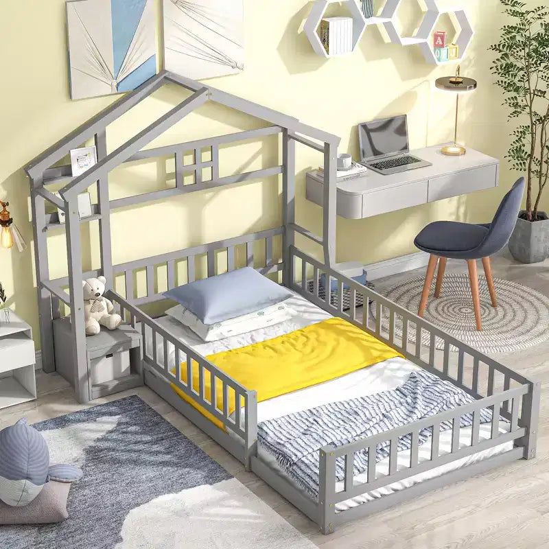 Letto a pavimento con sponde a forma di casetta bifamiliare – Letto per bambini in legno massello, grigio