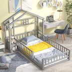 Letto a pavimento con sponde a forma di casetta bifamiliare – Letto per bambini in legno massello, grigio