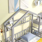 Letto a pavimento con sponde a forma di casetta bifamiliare – Letto per bambini in legno massello, grigio