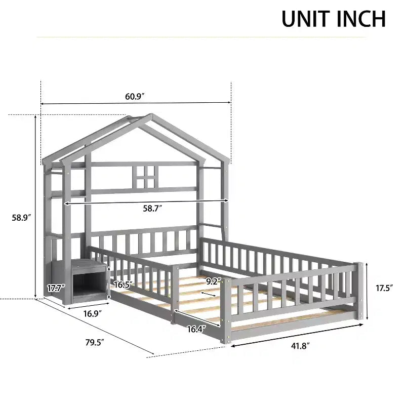 Letto a pavimento con sponde a forma di casetta bifamiliare – Letto per bambini in legno massello, grigio