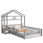 Letto a pavimento con sponde a forma di casetta bifamiliare – Letto per bambini in legno massello, grigio