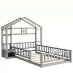 Letto a pavimento con sponde a forma di casetta bifamiliare – Letto per bambini in legno massello, grigio