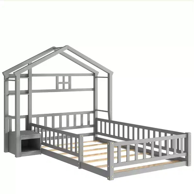 Letto a pavimento con sponde a forma di casetta bifamiliare – Letto per bambini in legno massello, grigio