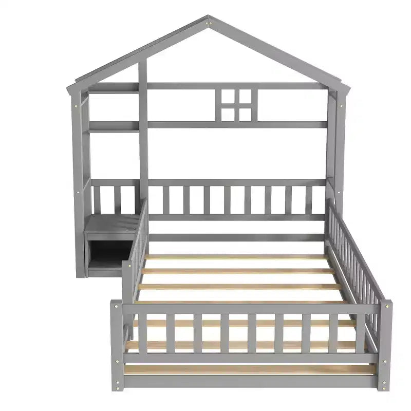 Letto a pavimento con sponde a forma di casetta bifamiliare – Letto per bambini in legno massello, grigio