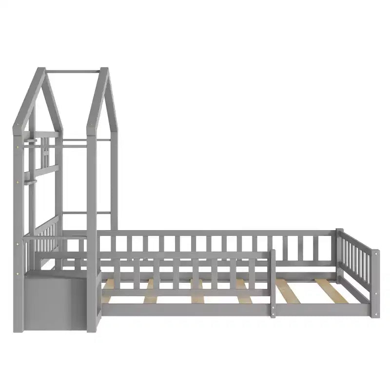 Letto a pavimento con sponde a forma di casetta bifamiliare – Letto per bambini in legno massello, grigio