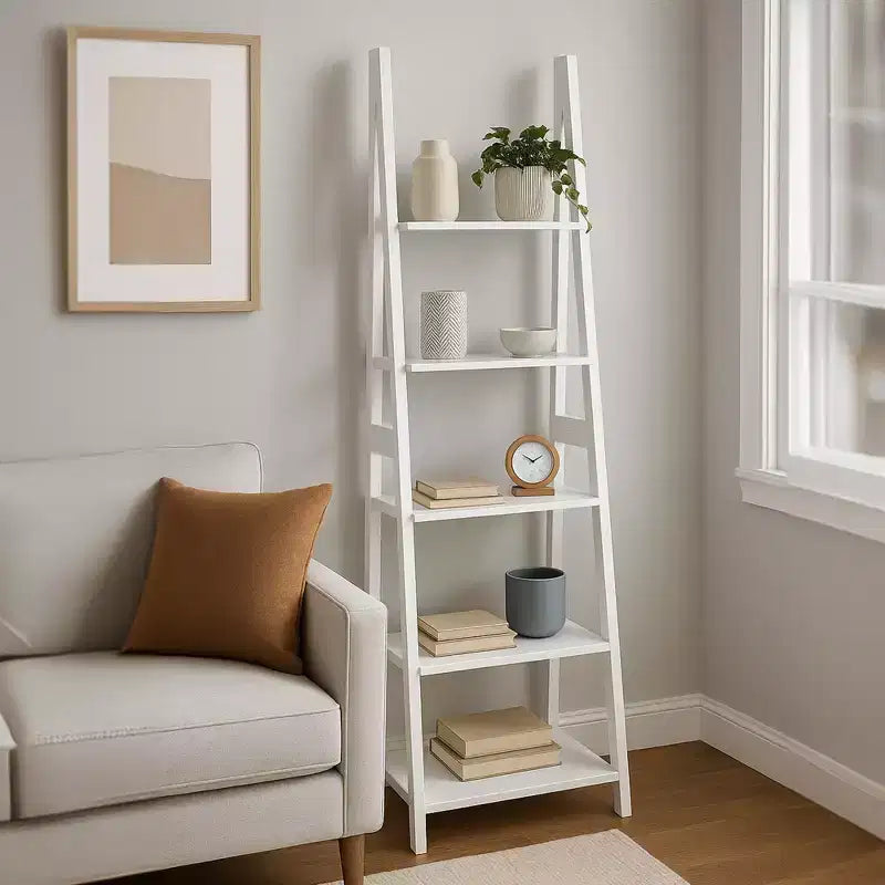 Scaffale a Scala a 5 Ripiani – Organizzatore Espositivo in Legno per Libri e Oggetti Decorativi, Bianco