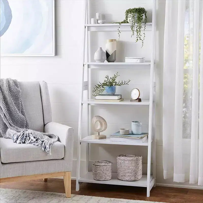 Scaffale a Scala a 5 Ripiani – Organizzatore Espositivo in Legno per Libri e Oggetti Decorativi, Bianco