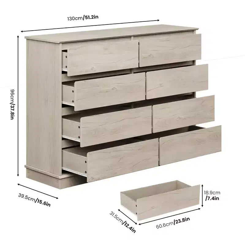 Comò Orizzontale a 8 Cassetti – 130 cm di Larghezza, MDF Antigraffio, Cassetti in Simil Lino