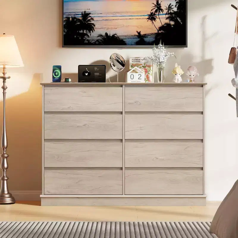Comò Orizzontale a 8 Cassetti – 130 cm di Larghezza, MDF Antigraffio, Cassetti in Simil Lino