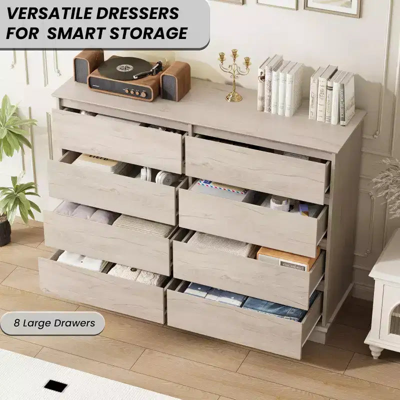 Comò Orizzontale a 8 Cassetti – 130 cm di Larghezza, MDF Antigraffio, Cassetti in Simil Lino