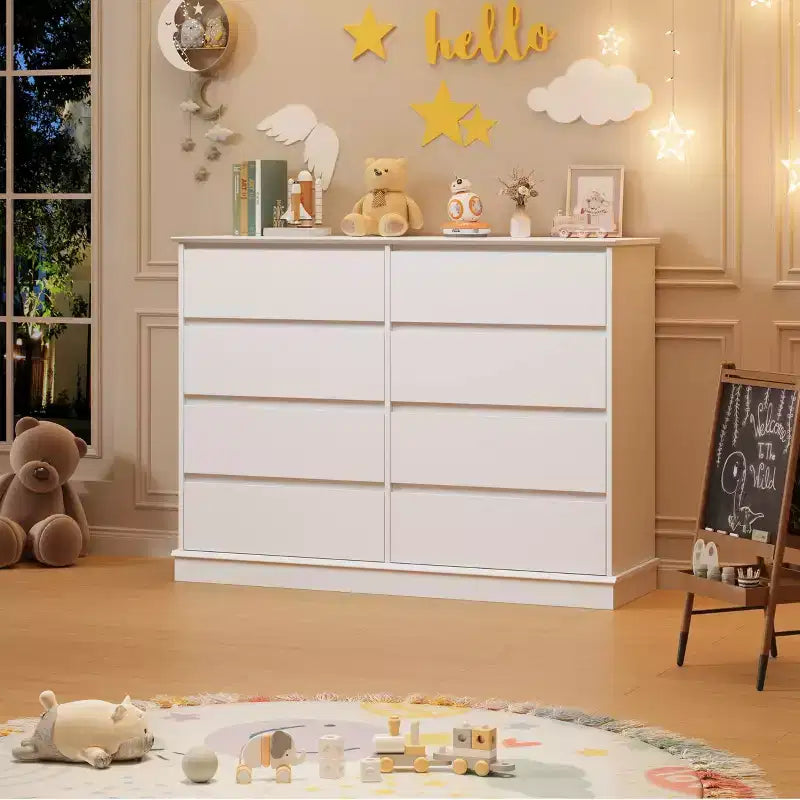 Comò Orizzontale a 8 Cassetti – 130 cm di Larghezza, MDF Antigraffio, Cassetti in Simil Lino