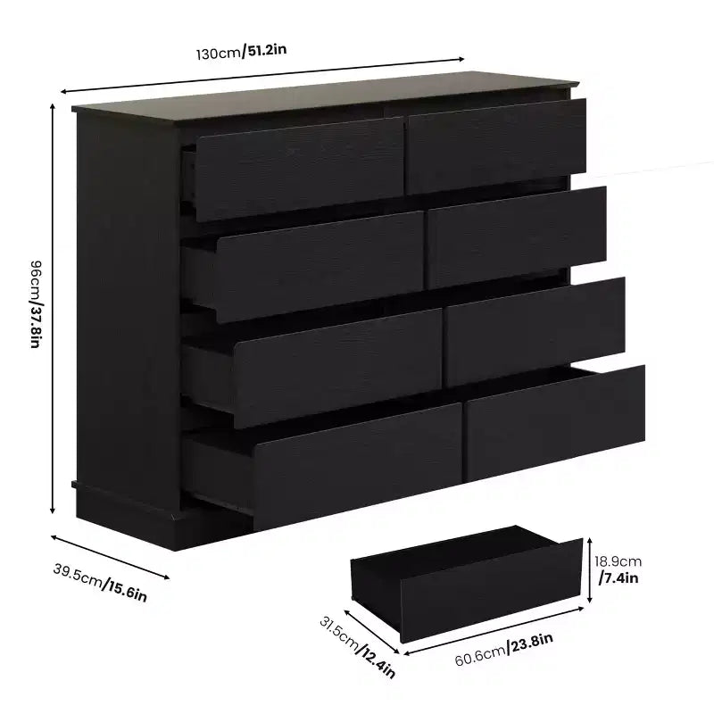 Comò Orizzontale a 8 Cassetti – 130 cm di Larghezza, MDF Antigraffio, Cassetti in Simil Lino