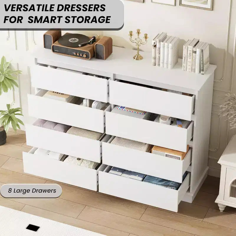 Comò Orizzontale a 8 Cassetti – 130 cm di Larghezza, MDF Antigraffio, Cassetti in Simil Lino