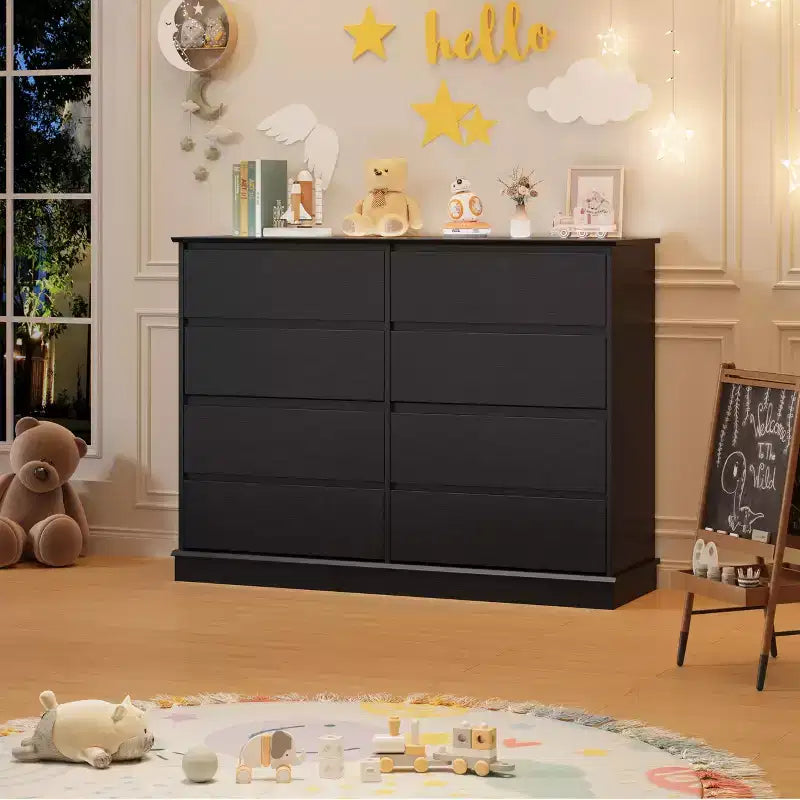 Comò Orizzontale a 8 Cassetti – 130 cm di Larghezza, MDF Antigraffio, Cassetti in Simil Lino