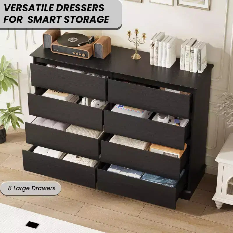 Comò Orizzontale a 8 Cassetti – 130 cm di Larghezza, MDF Antigraffio, Cassetti in Simil Lino