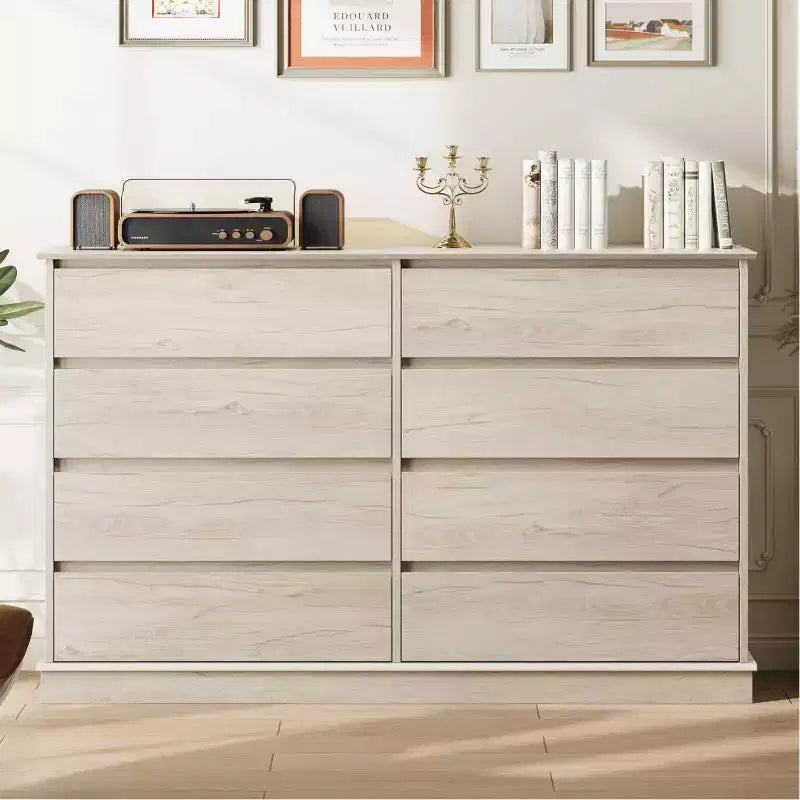 Comò Orizzontale a 8 Cassetti – 130 cm di Larghezza, MDF Antigraffio, Cassetti in Simil Lino