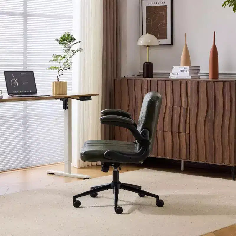 Sedia Girevole in Pelle Oliata Cerata con Braccioli Ribaltabili – Ergonomica, Girevole a 360°