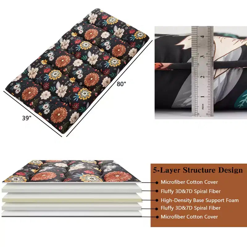 Materasso futon giapponese matrimoniale – Tatami pieghevole di 8 cm di spessore, motivo floreale nero