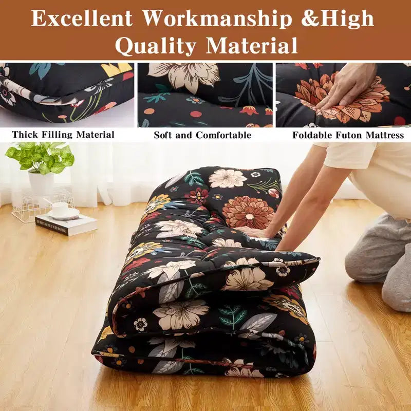 Materasso futon giapponese matrimoniale – Tatami pieghevole di 8 cm di spessore, motivo floreale nero