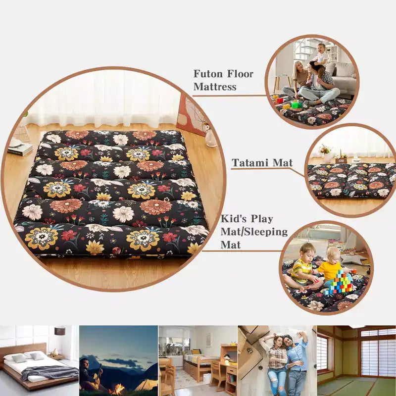 Materasso futon giapponese matrimoniale – Tatami pieghevole di 8 cm di spessore, motivo floreale nero