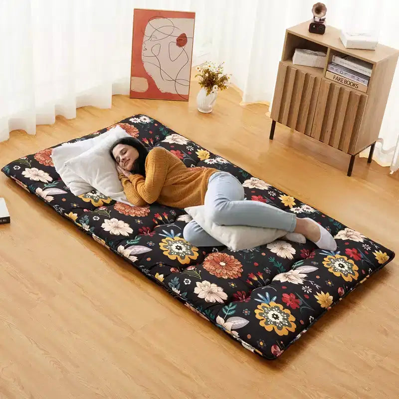 Materasso futon giapponese matrimoniale – Tatami pieghevole di 8 cm di spessore, motivo floreale nero