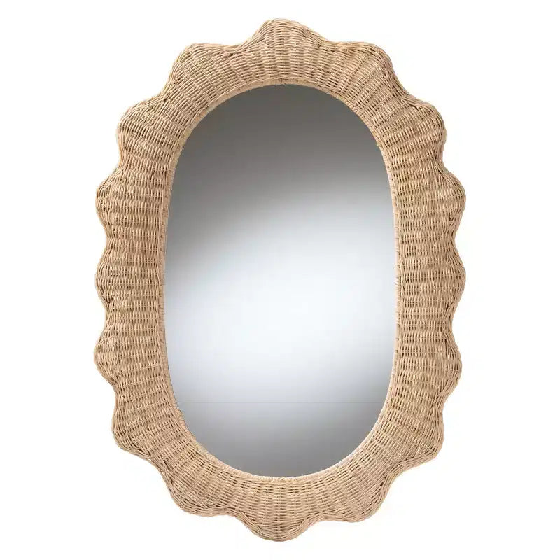 Scalloped Natural Rattan Wall Mirror – Oval Boho Coastal, 37.5" High